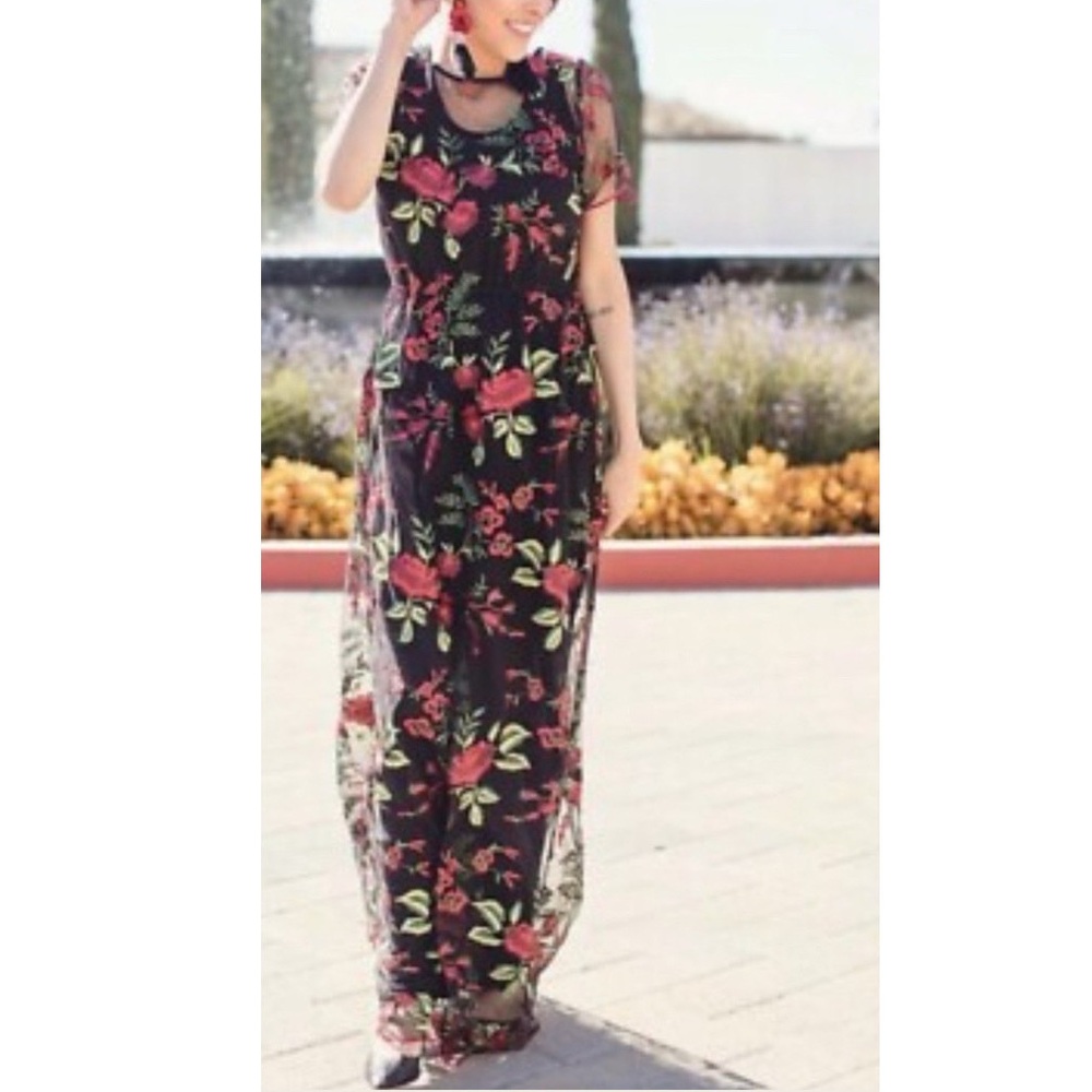 LuLaroe Deanne II Overlay Dress Sheer Black with Red Roses